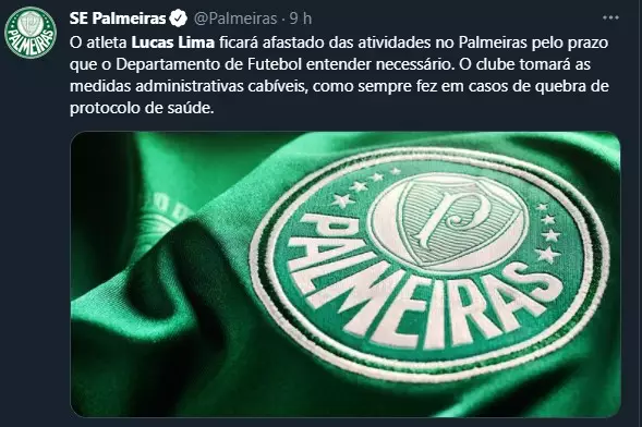 Lucas Lima é afastado do Palmeiras após ser flagrado em festa nessa madrugada.